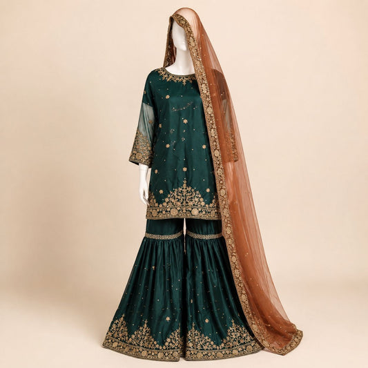 Emerald Royale Embroidered Gharara Suit with Rust Net Dupatta – 0155M