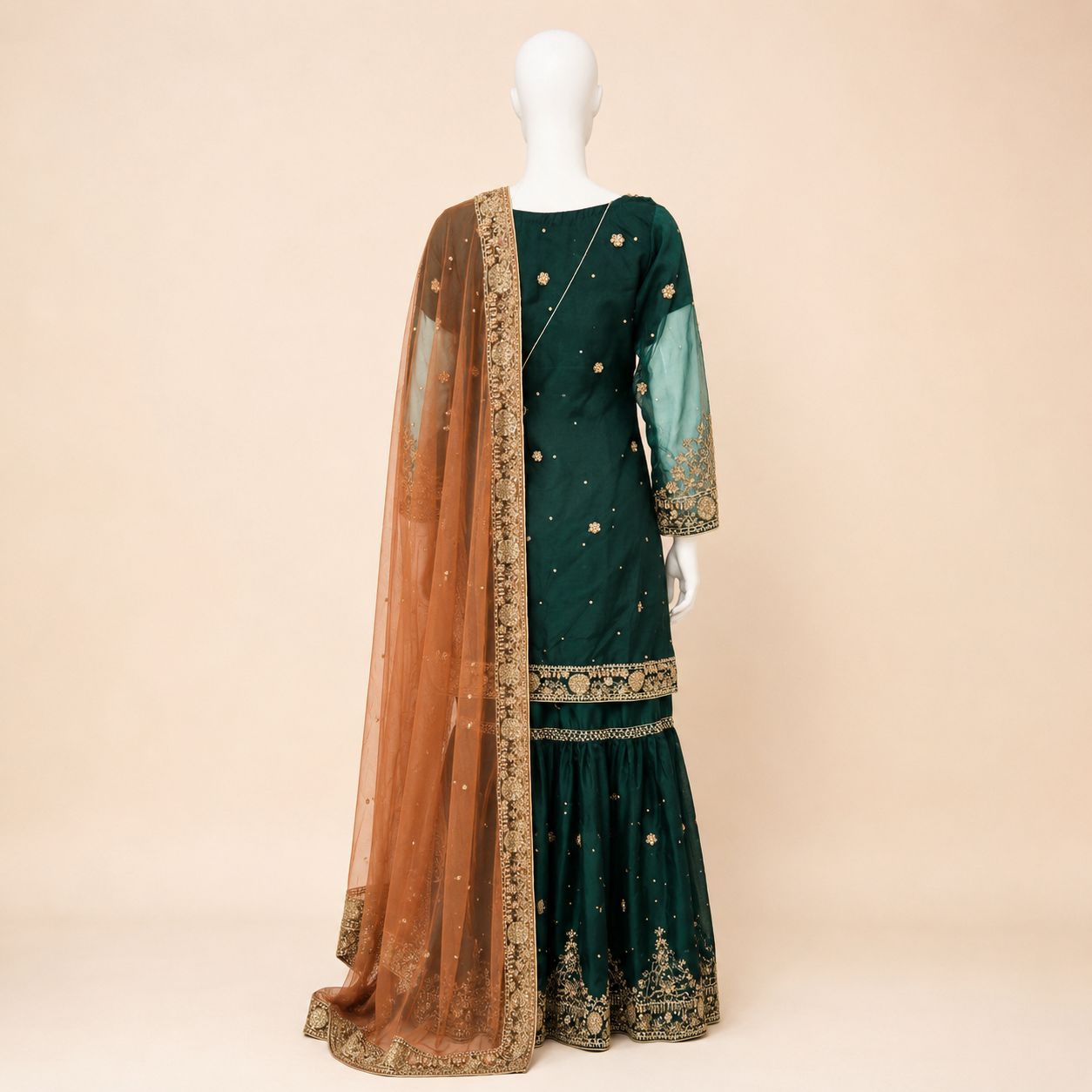 Emerald Royale Embroidered Gharara Suit with Rust Net Dupatta – 0155M