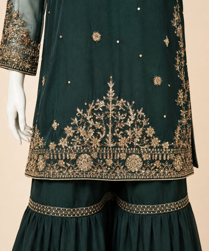 Emerald Royale Embroidered Gharara Suit with Rust Net Dupatta – 0155M