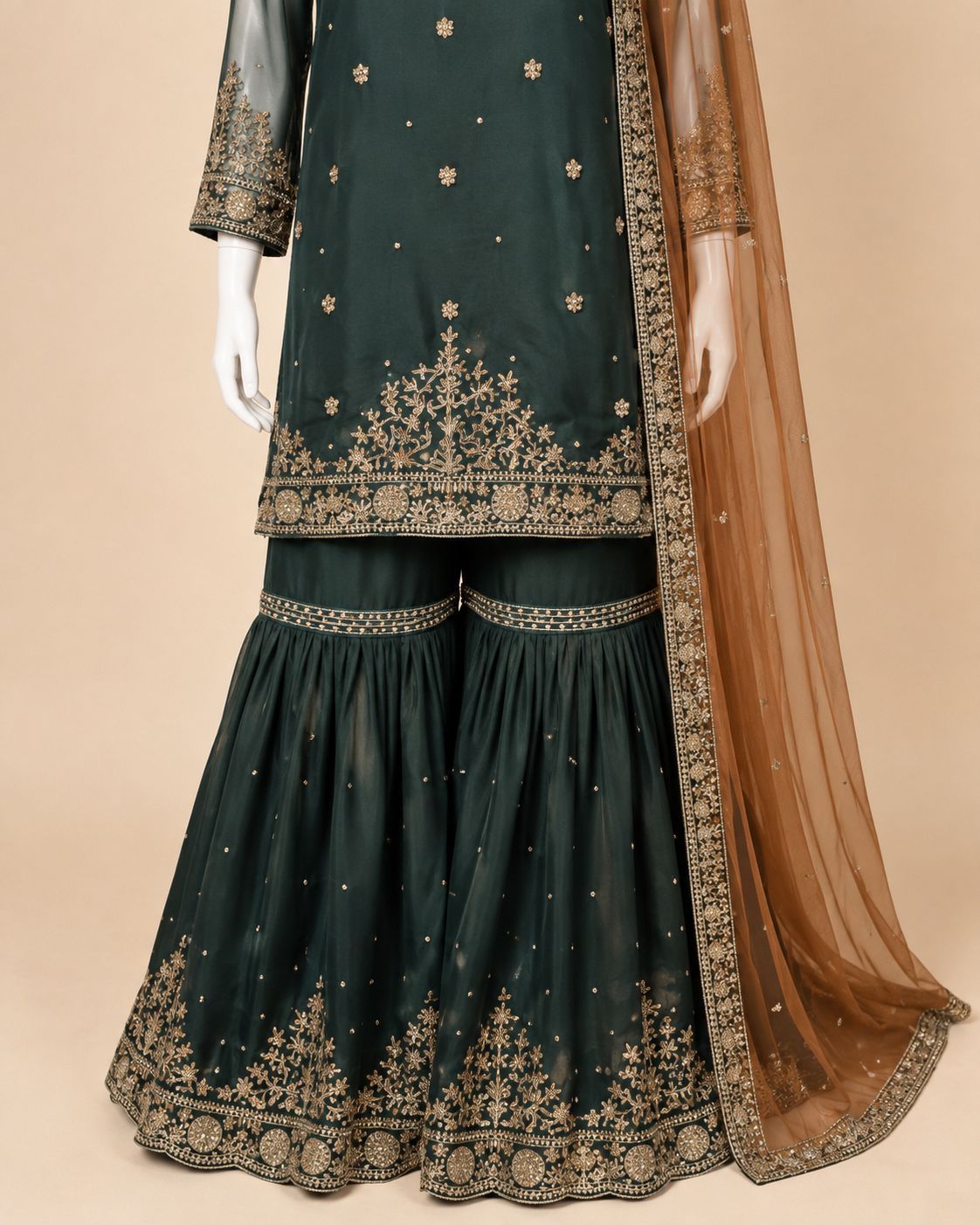 Emerald Royale Embroidered Gharara Suit with Rust Net Dupatta – 0155M