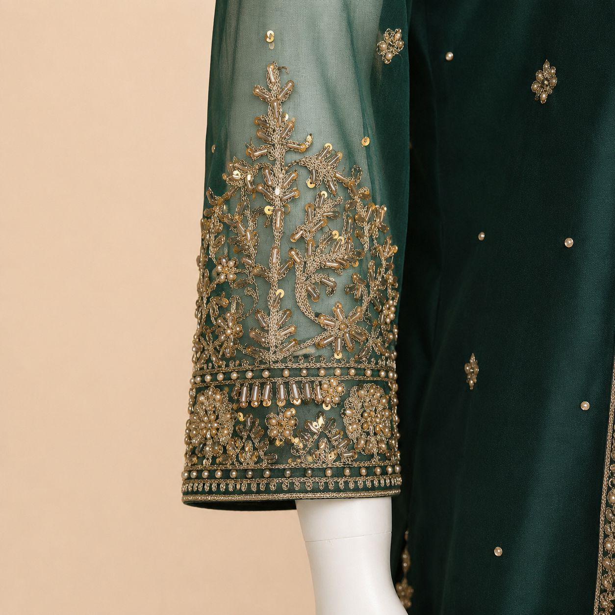 Emerald Royale Embroidered Gharara Suit with Rust Net Dupatta – 0155M