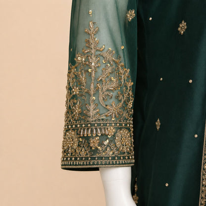 Emerald Royale Embroidered Gharara Suit with Rust Net Dupatta – 0155M