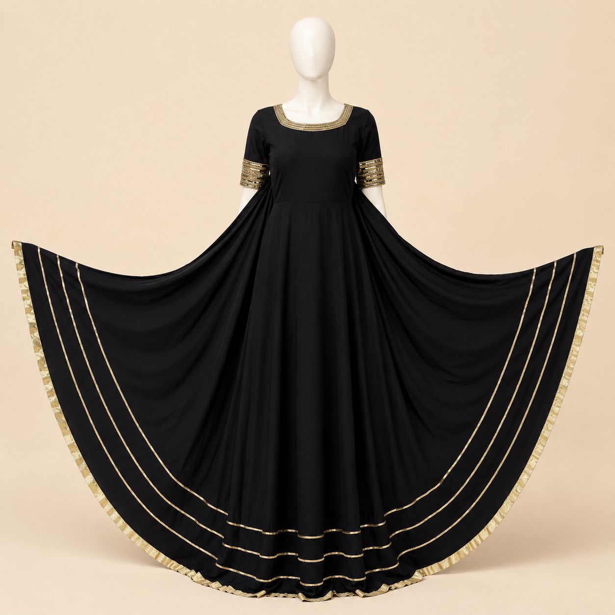 Midnight Black Gold-Trim Flared Maxi Dress – 0156M