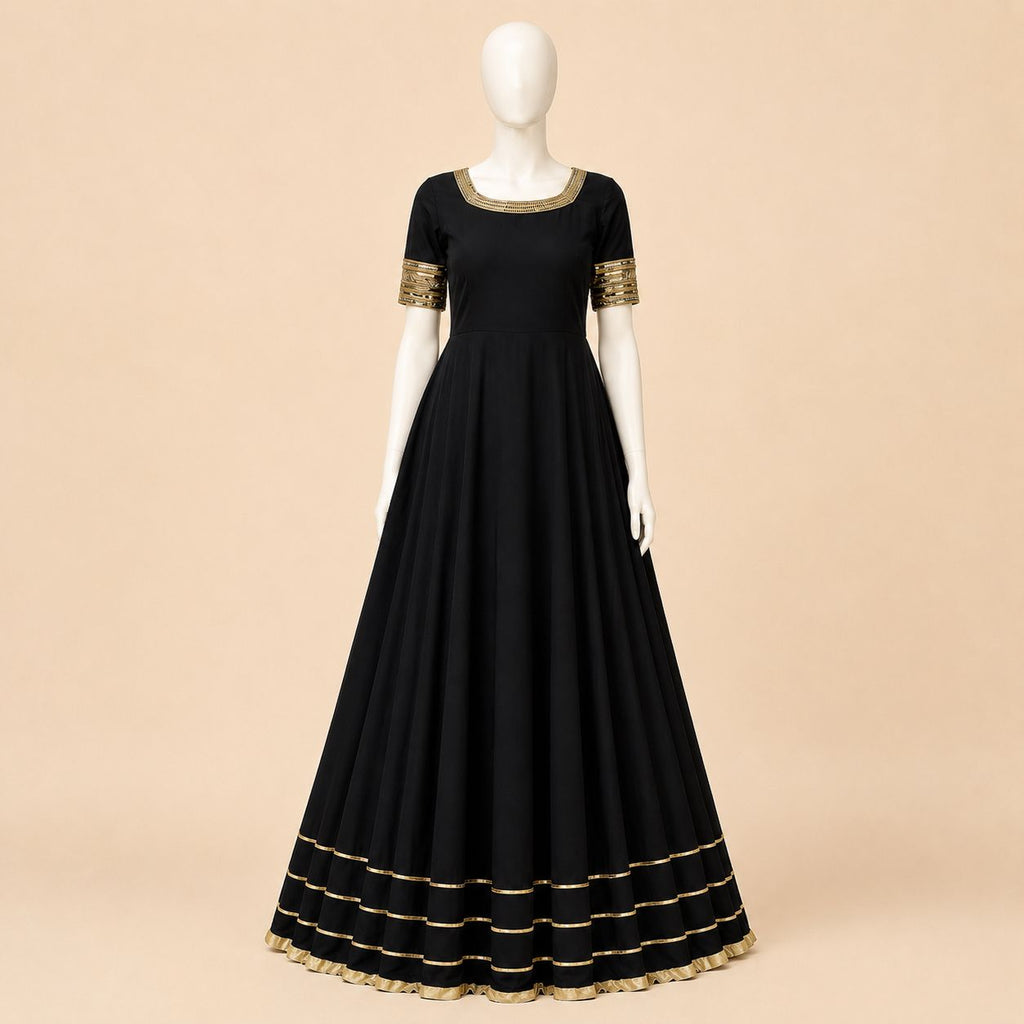 Midnight Black Gold-Trim Flared Maxi Dress – 0156M