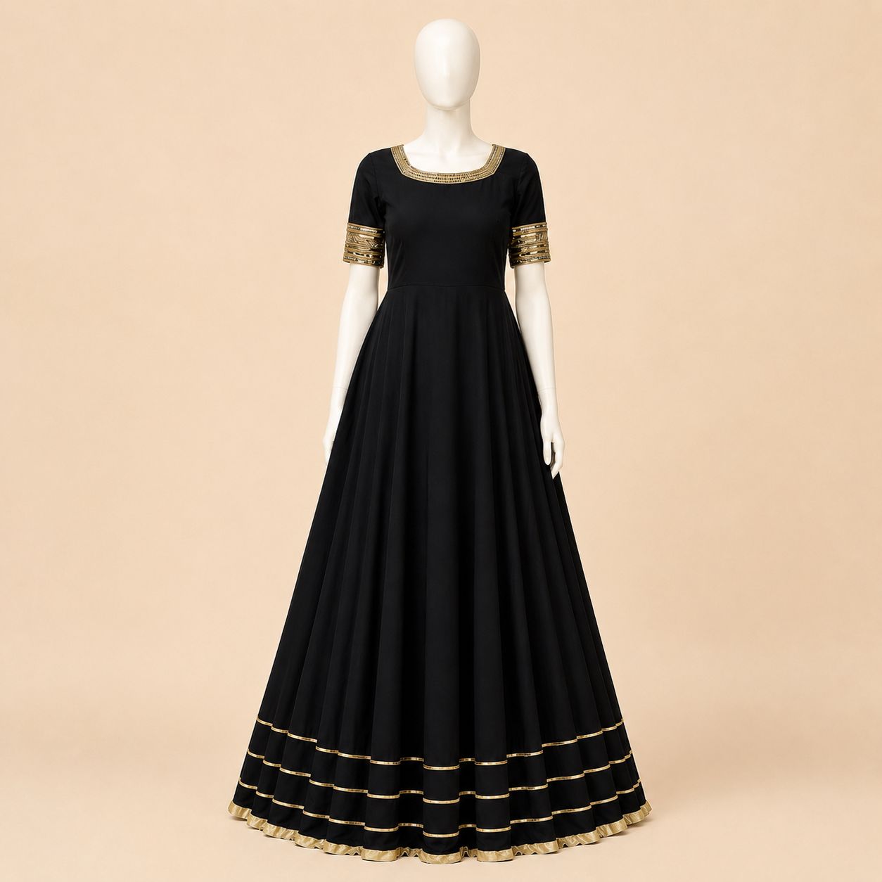Midnight Black Gold-Trim Flared Maxi Dress – 0156M