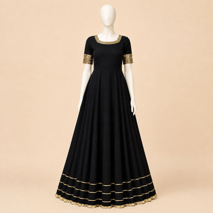 Midnight Black Gold-Trim Flared Maxi Dress – 0156M
