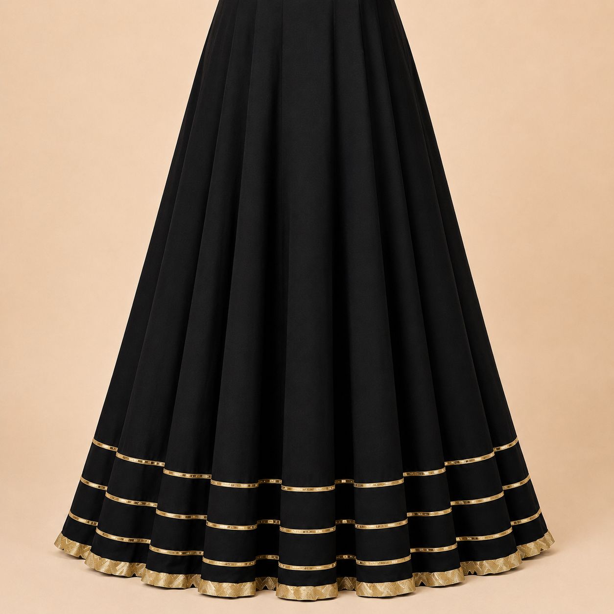 Midnight Black Gold-Trim Flared Maxi Dress – 0156M