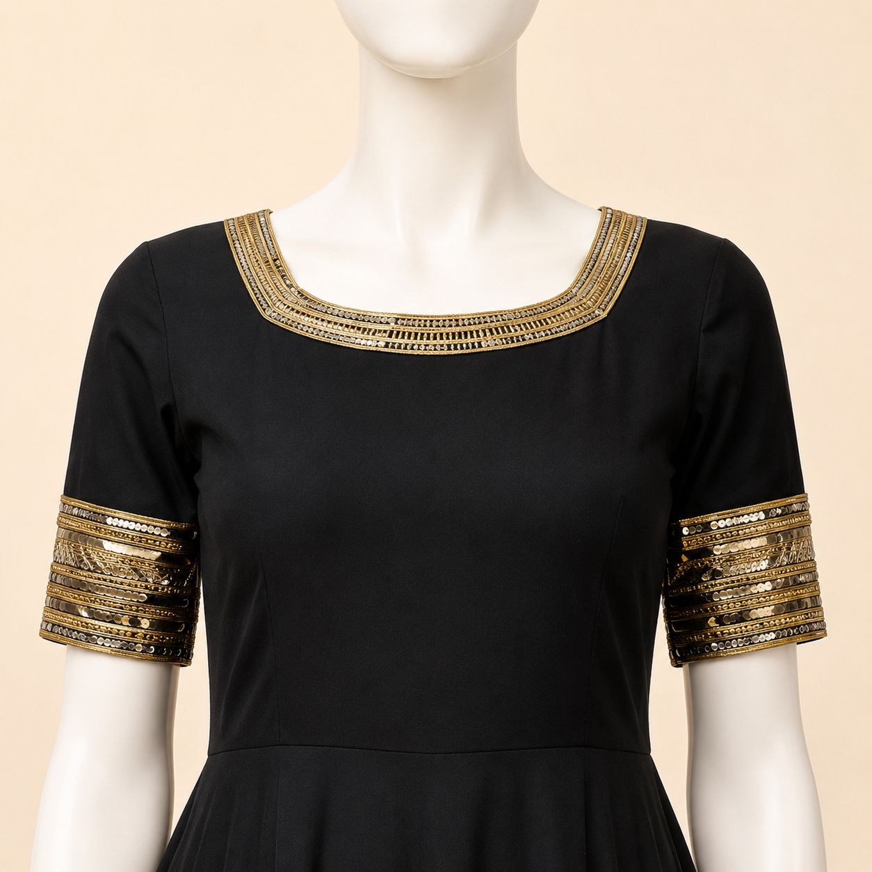 Midnight Black Gold-Trim Flared Maxi Dress – 0156M