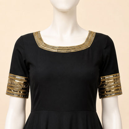 Midnight Black Gold-Trim Flared Maxi Dress – 0156M