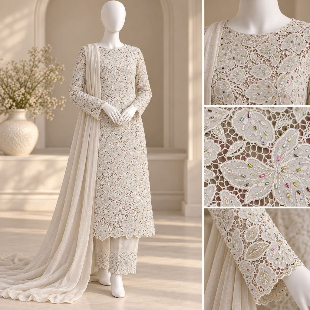 Ivory Blossom – Luxury Grip Laser Cut 3-Piece Suit with Stone Work | SKU 0165M (Unstitched)