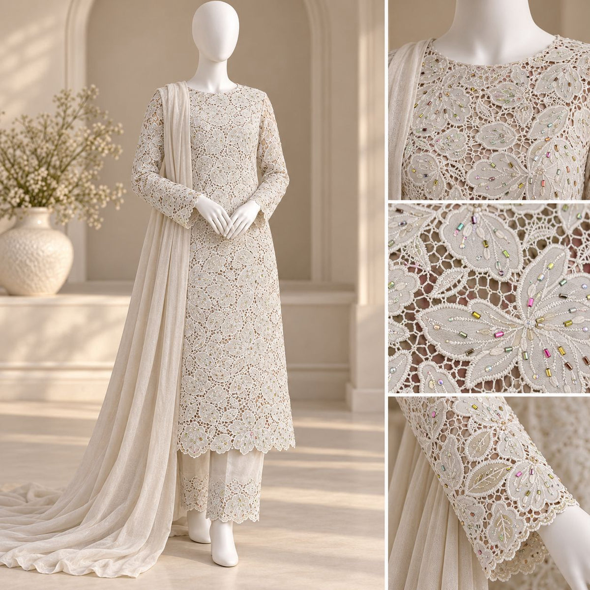 Ivory Blossom – Luxury Grip Laser Cut 3-Piece Suit with Stone Work | SKU 0165M (Unstitched)