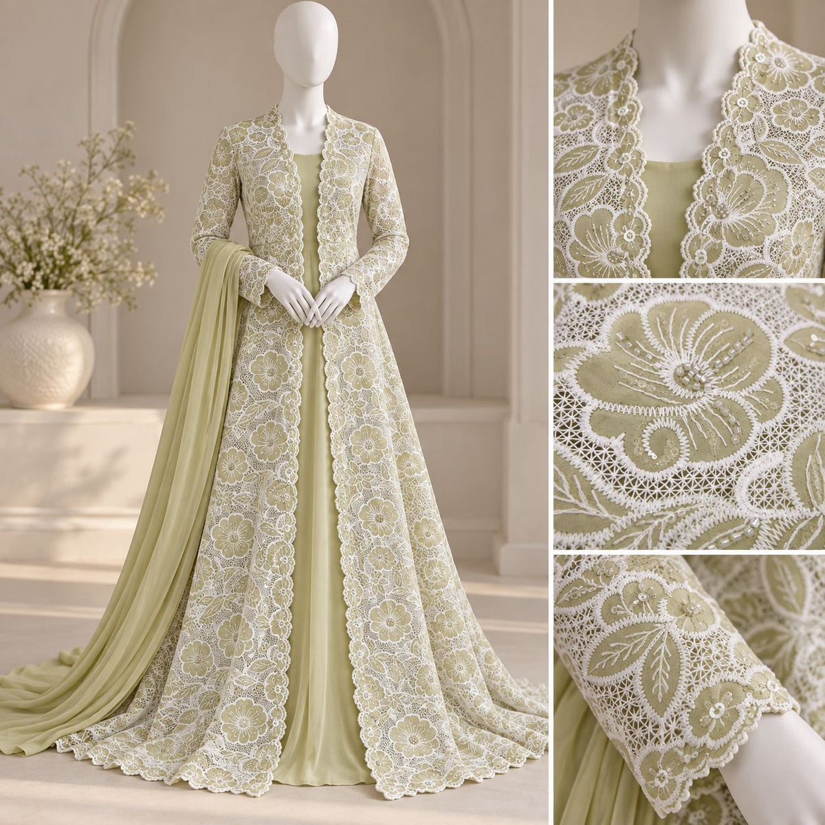 Pistachio Bloom – Luxury Floral Lace Long Gown with Elegant Dupatta | SKU 0166M (Unstitched)