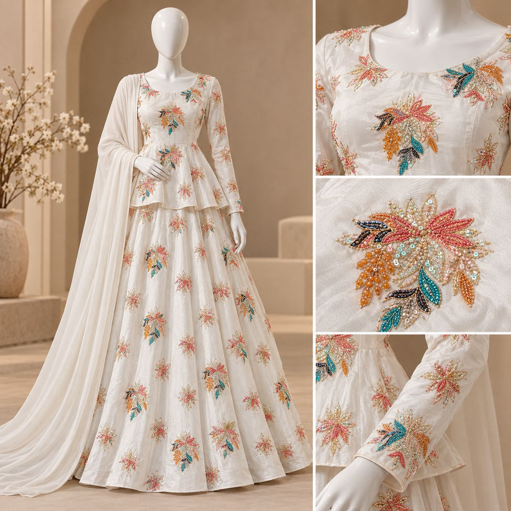 Ivory Fleur – Luxury Multicolour Floral Embroidered 3-Piece Peplum & Dhoti Suit – 0181M (Unstitched)