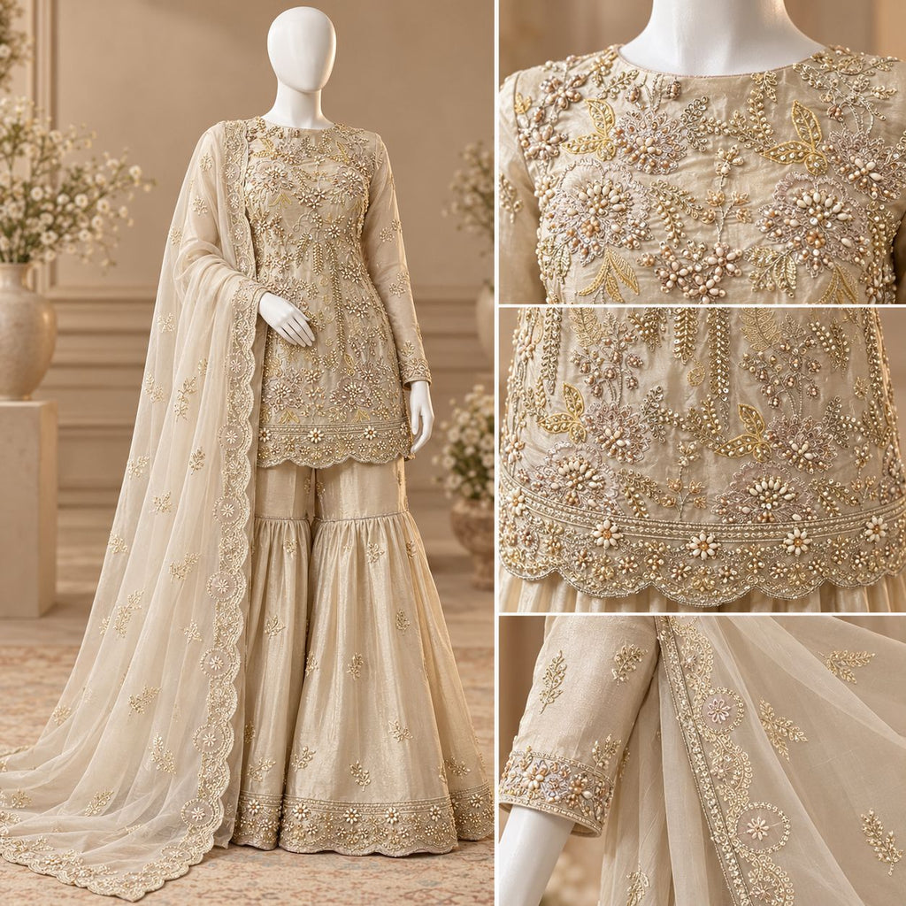 Champagne Gold Floral Embroidered Luxury Formal Suit – 0169M (Unstitched)