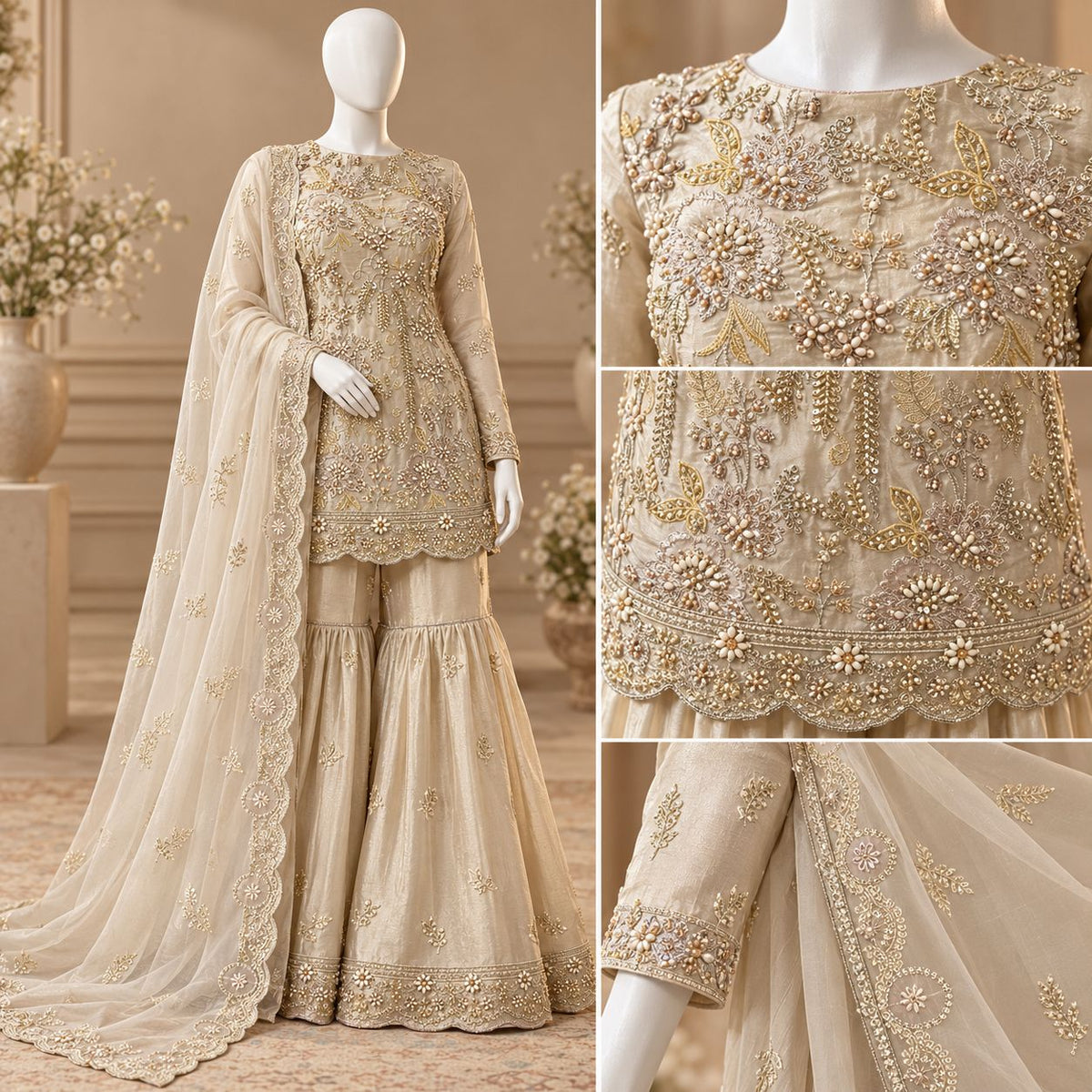 Champagne Gold Floral Embroidered Luxury Formal Suit – 0169M (Unstitched)