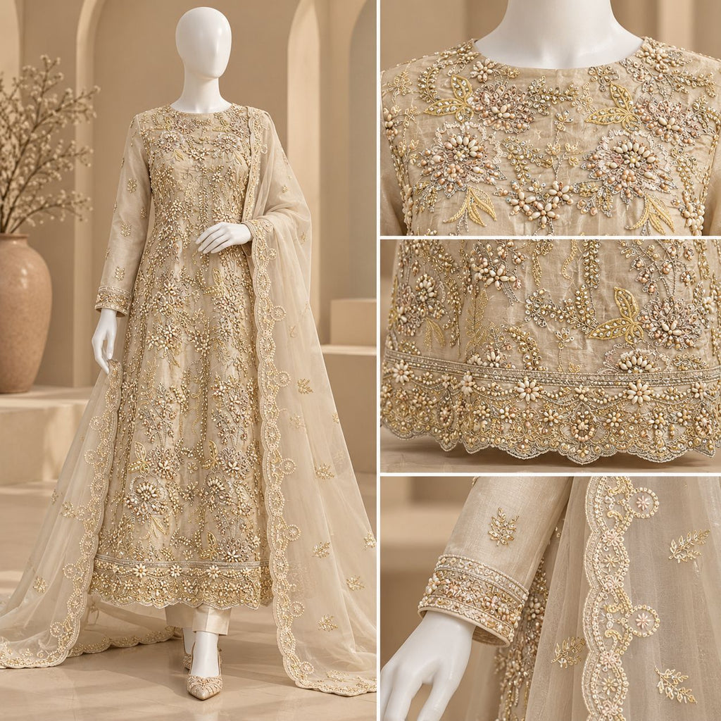 Champagne Gold Floral Embroidered Luxury Formal Suit – 0169M (Unstitched)