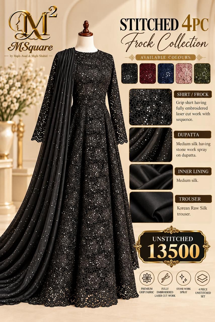 Midnight Black Floral Laser-Cut Embroidered Luxury Frock – 0170M (Unstitched)