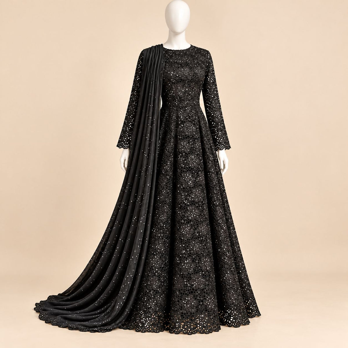 Midnight Black Floral Laser-Cut Embroidered Luxury Frock – 0170M (Unstitched)