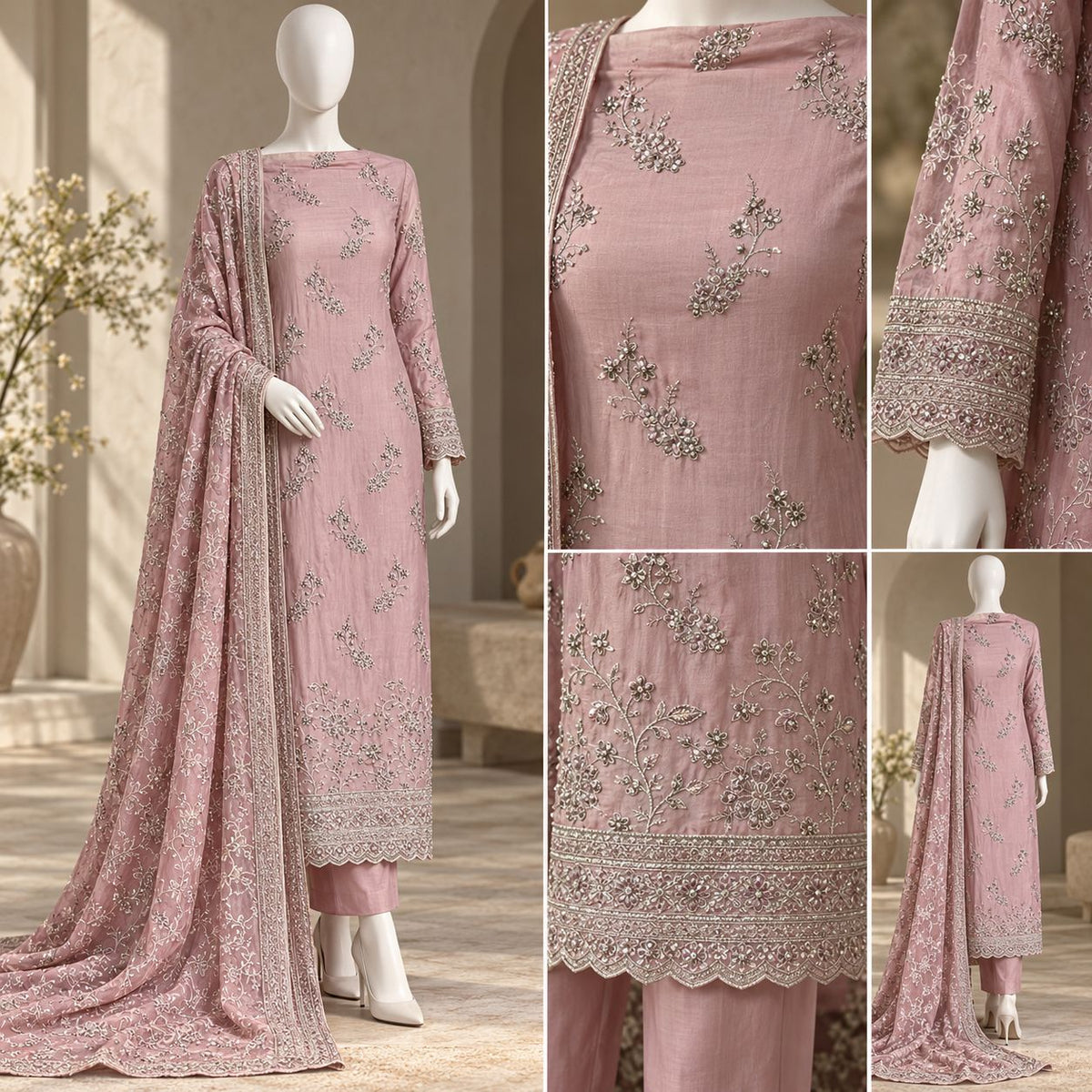Rosé Elegance – Luxury Embroidered 3-Piece Formal Suit – 0174M (Unstitched)