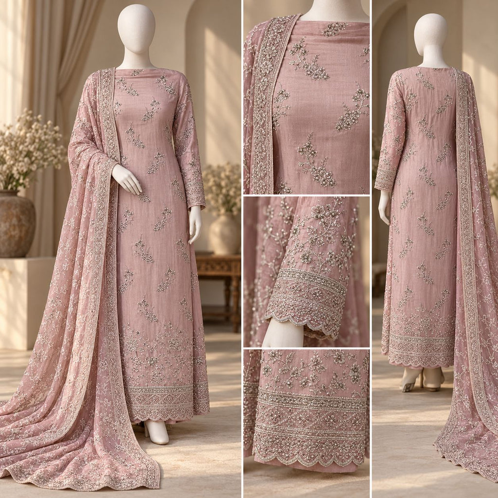 Rosé Elegance – Luxury Embroidered 3-Piece Formal Suit – 0174M (Unstitched)