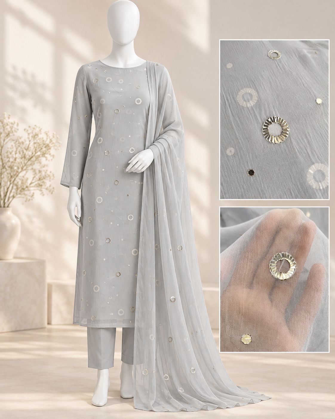 Silver Halo – Luxury Mirror-Embellished 3-Piece Formal Suit – 0175M (Unstitched)