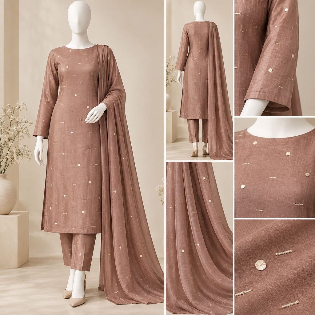Rosewood Glimmer – Elegant Embellished 3-Piece Formal Suit – 0176M (Unstitched)