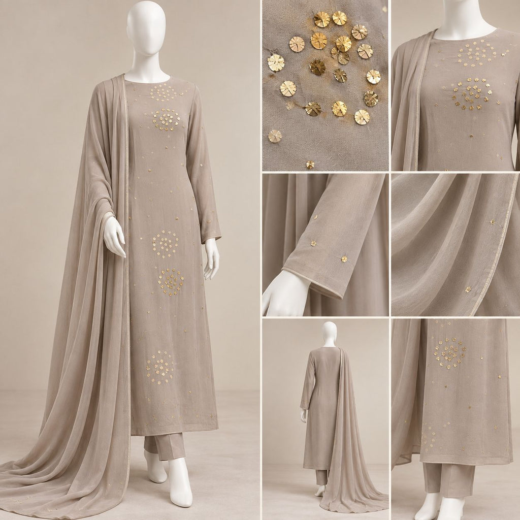 Golden Aura – Luxury Taupe Gold Sequin Embellished 3-Piece Formal Suit – 0184M (Unstitched)