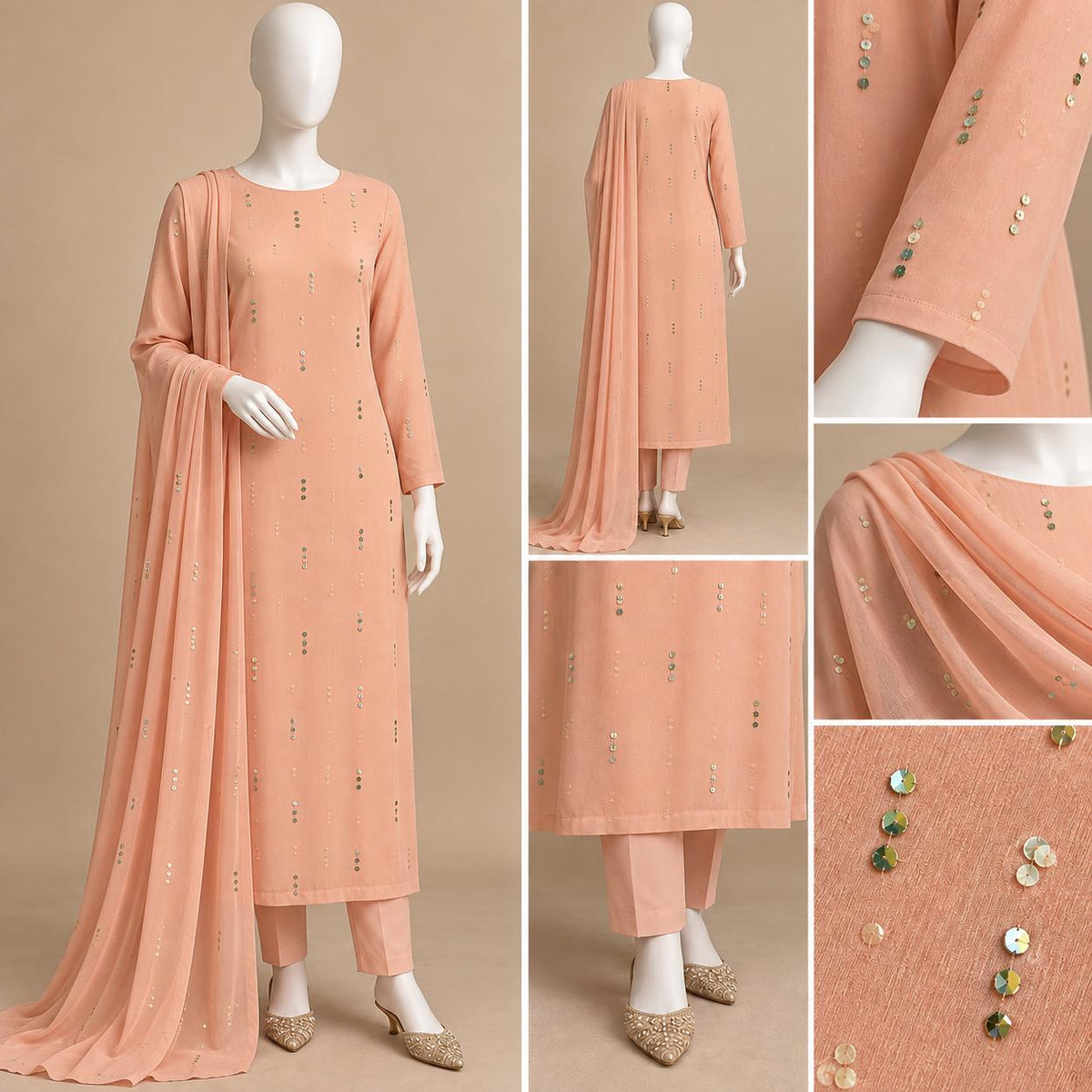 Peach Serenity – Luxury Sequin Embellished 3-Piece Formal Suit – 0183M (Unstitched)
