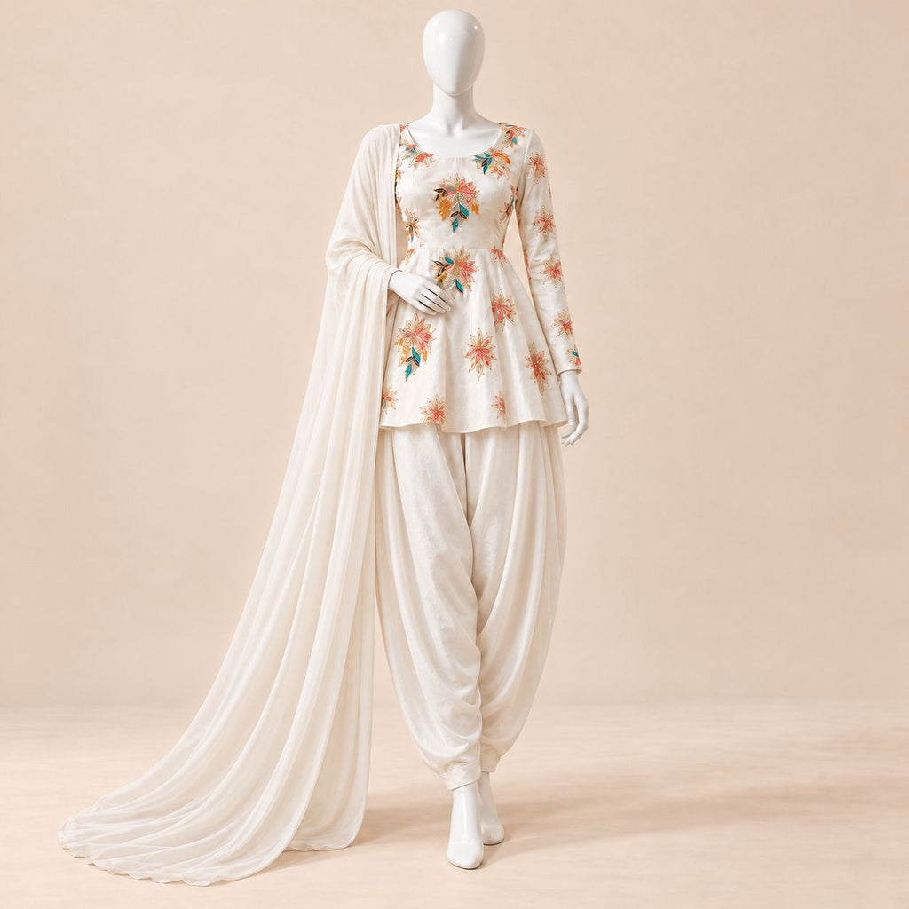 Ivory Fleur – Luxury Multicolour Floral Embroidered 3-Piece Peplum & Dhoti Suit – 0181M (Unstitched)