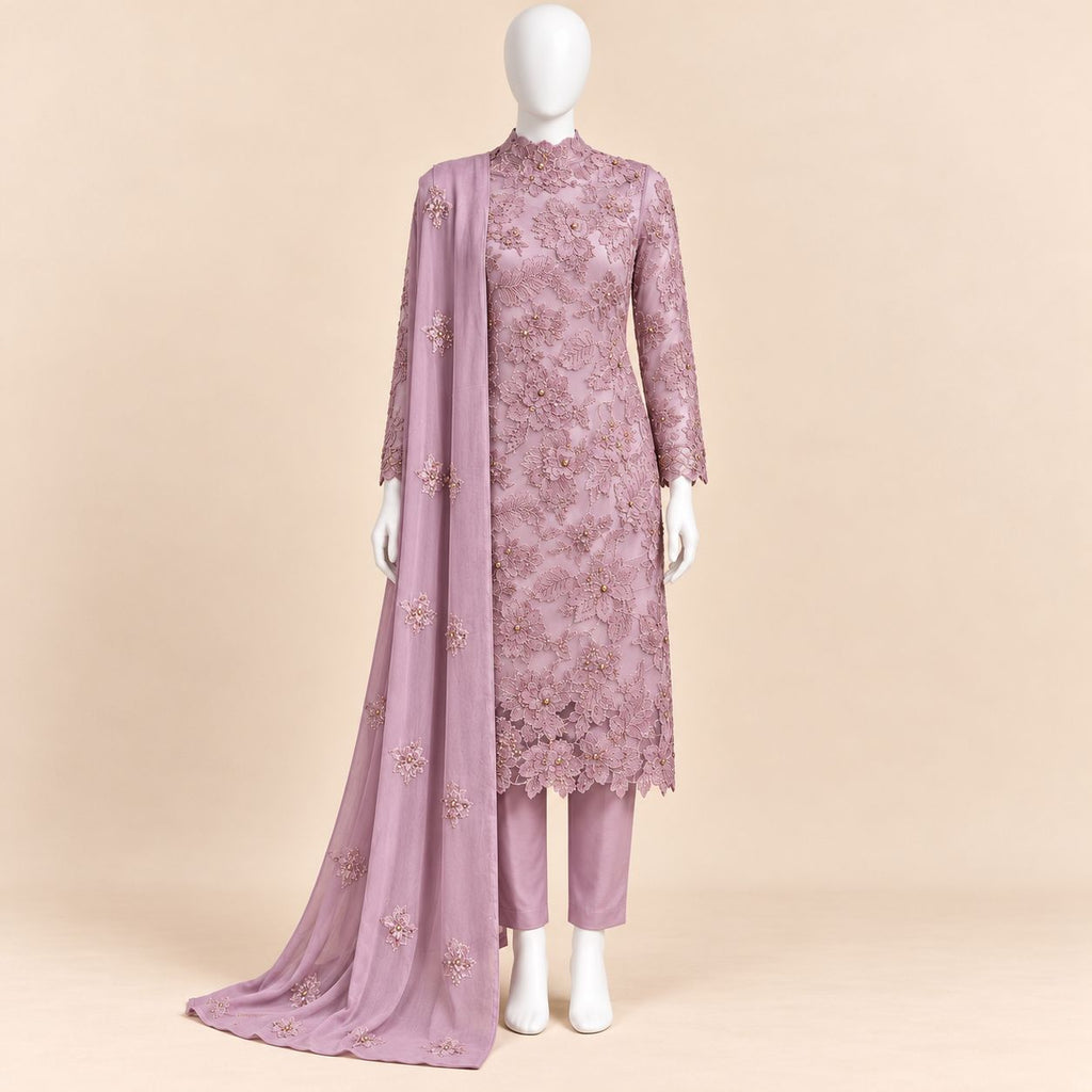 Mauve Blossom – Luxury Floral Embroidered 3-Piece Formal Suit – 0178M (Unstitched)