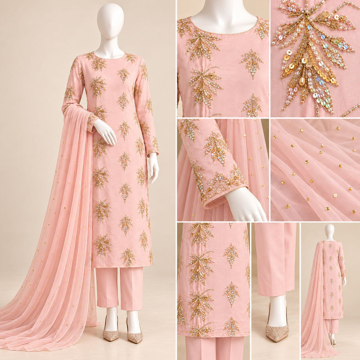 Blush Aurora – Luxury Golden Embellished 3-Piece Formal Suit – 0182M (Unstitched)