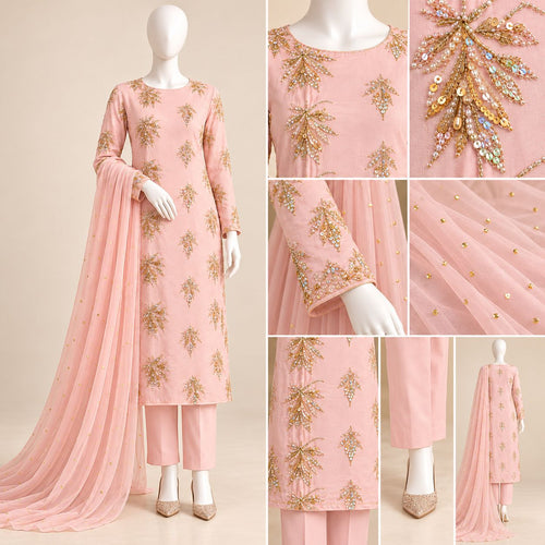 Blush Aurora – Luxury Golden Embellished 3-Piece Formal Suit – 0182M (Unstitched)