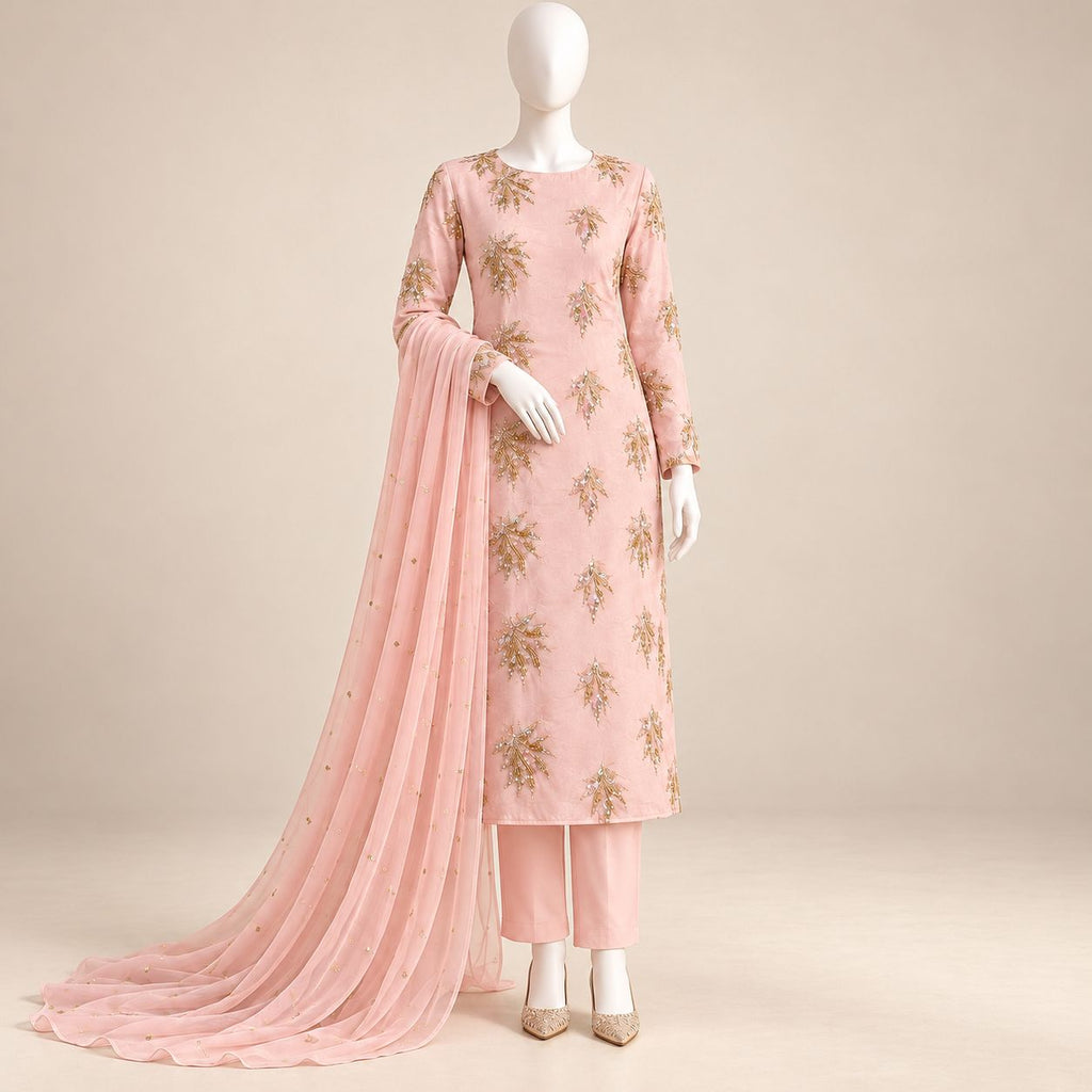 Blush Aurora – Luxury Golden Embellished 3-Piece Formal Suit – 0182M (Unstitched)