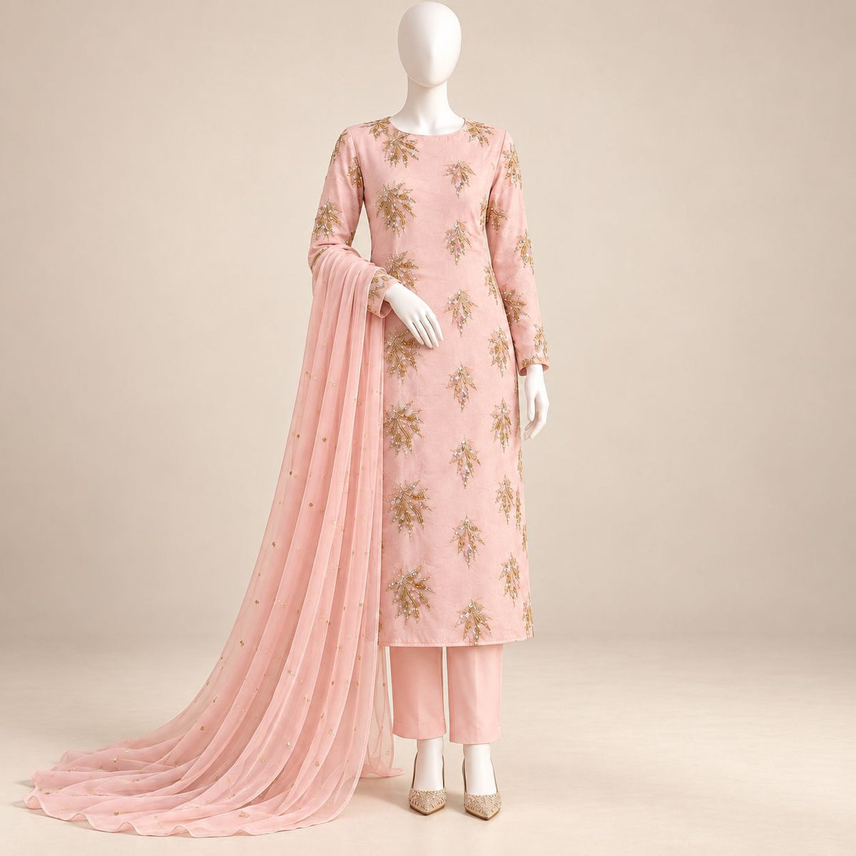 Blush Aurora – Luxury Golden Embellished 3-Piece Formal Suit – 0182M (Unstitched)