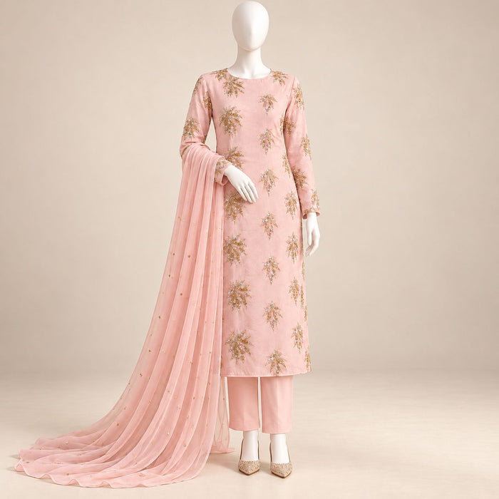 Blush Aurora – Luxury Golden Embellished 3-Piece Formal Suit – 0182M (Unstitched)