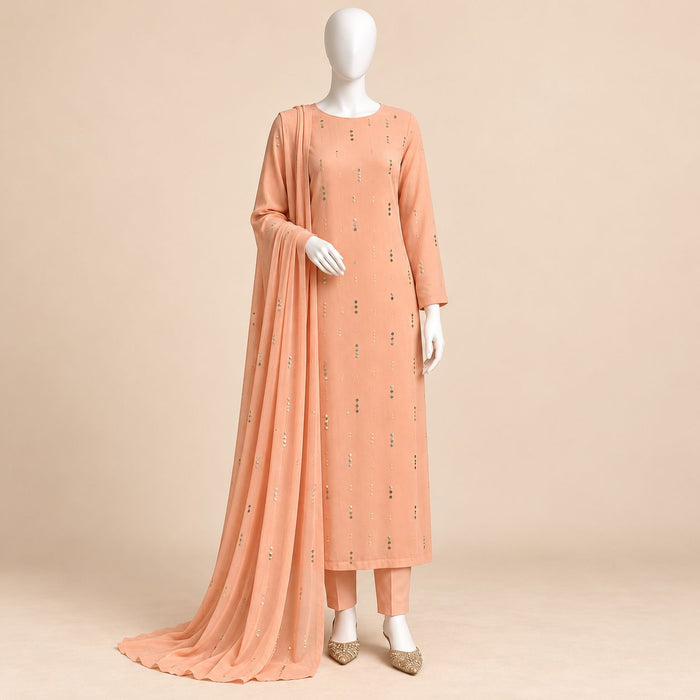 Peach Serenity – Luxury Sequin Embellished 3-Piece Formal Suit – 0183M (Unstitched)