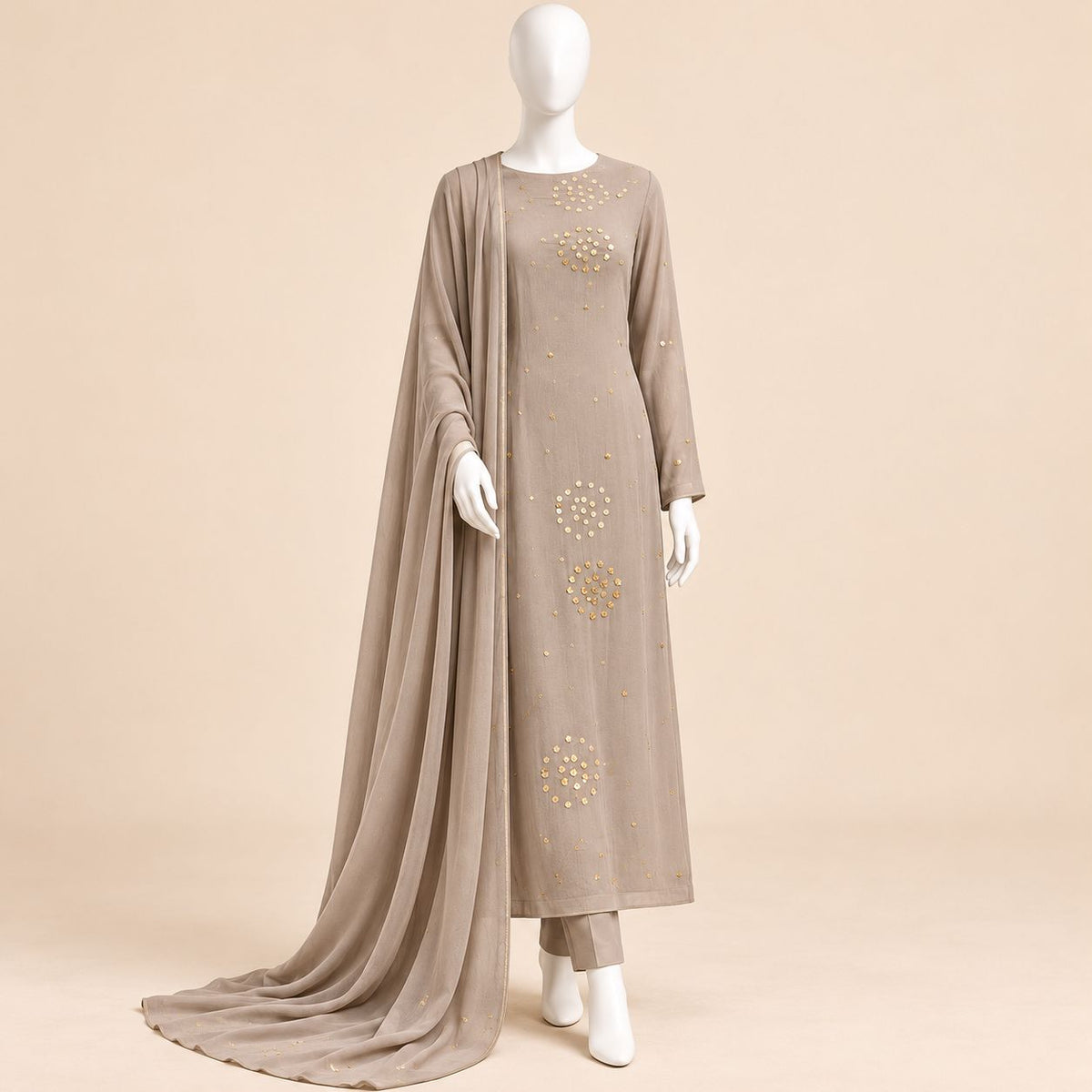 Golden Aura – Luxury Taupe Gold Sequin Embellished 3-Piece Formal Suit – 0184M (Unstitched)