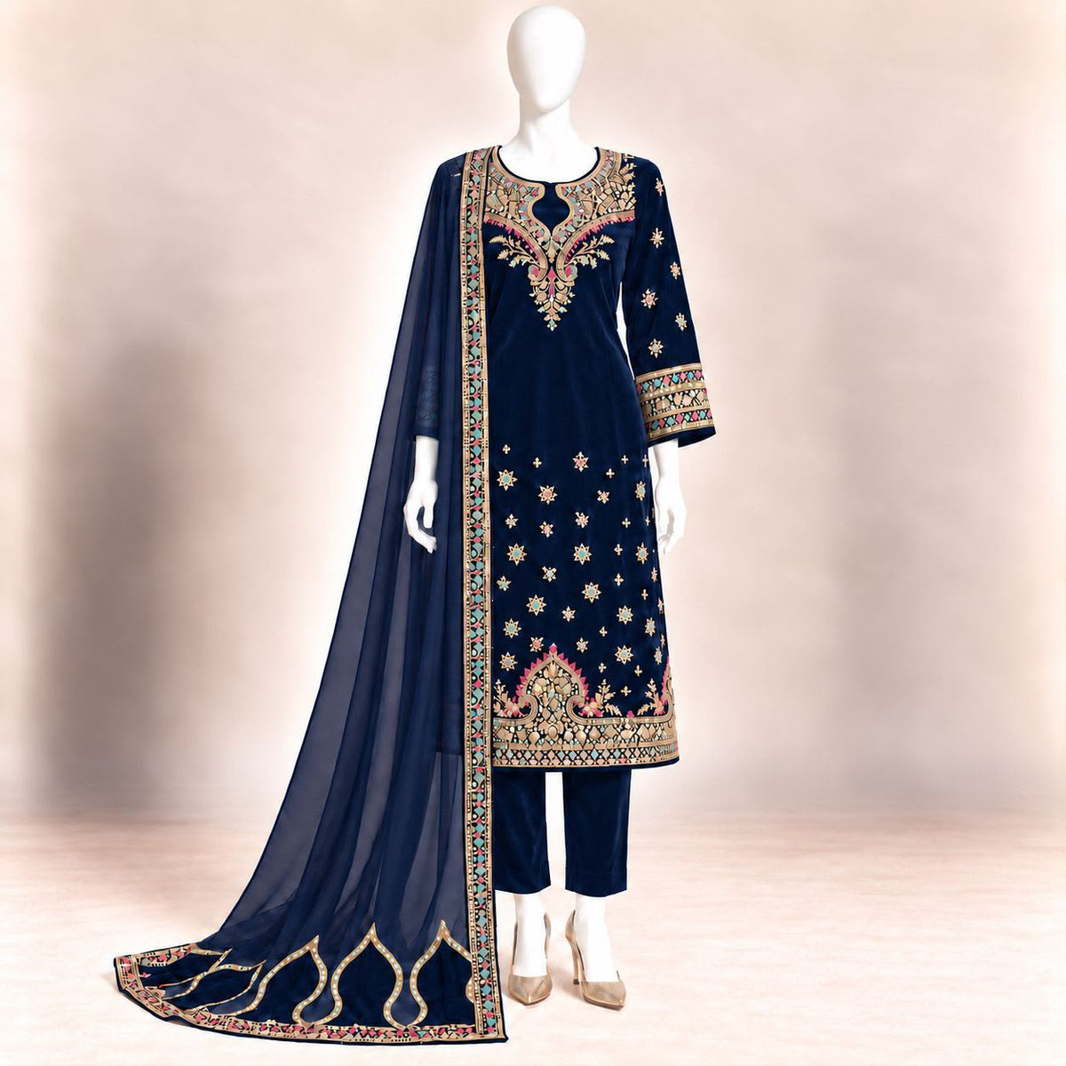 Midnight Sapphire – Luxury Embroidered Velvet 3-Piece Formal Suit – 0185M (Unstitched)