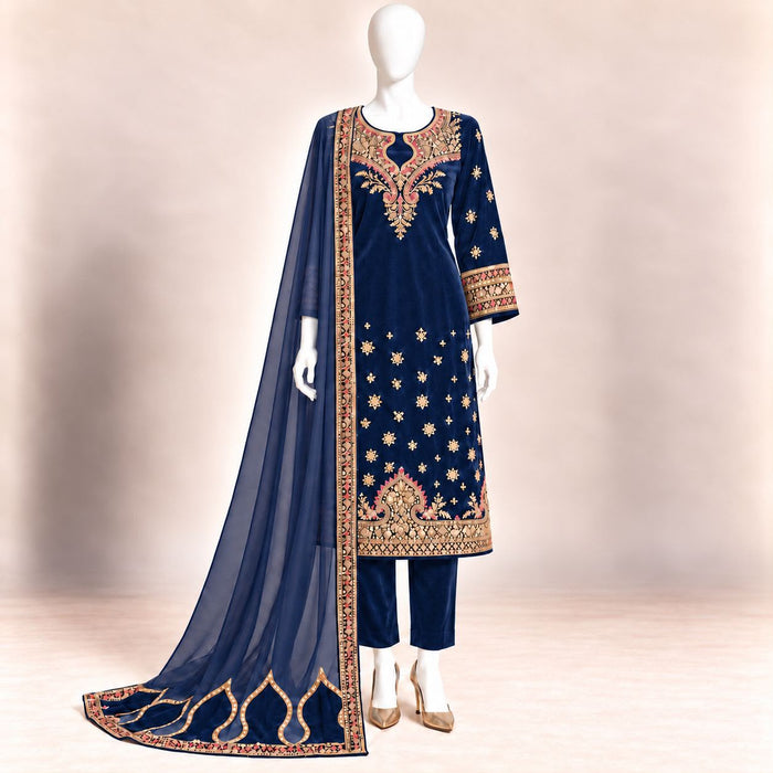 Royal Midnight – Luxury Embroidered Velvet 3-Piece Formal Suit – 0186M (Unstitched)