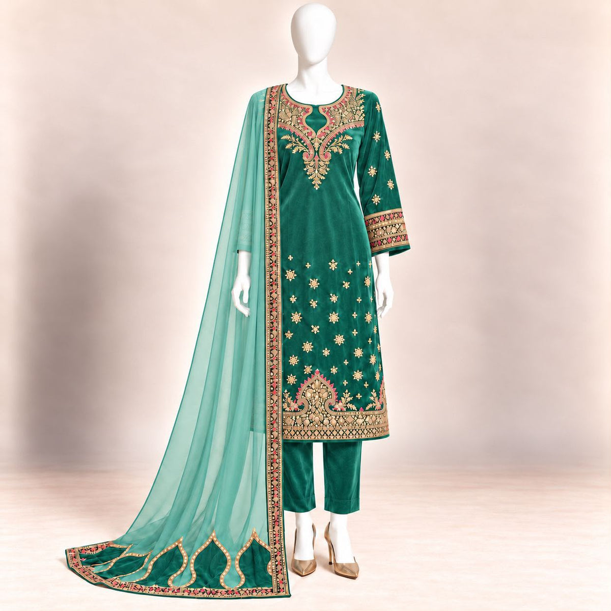 Emerald Royale – Luxury Embroidered Velvet 3-Piece Formal Suit – 0187M (Unstitched)