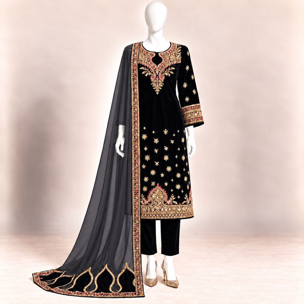 Noir Royale – Luxury Embroidered Black Velvet 3-Piece Formal Suit – 0188M (Unstitched)