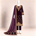 Burgundy Royale – Luxury Embroidered Velvet 3-Piece Formal Suit – 0189M (Unstitched)