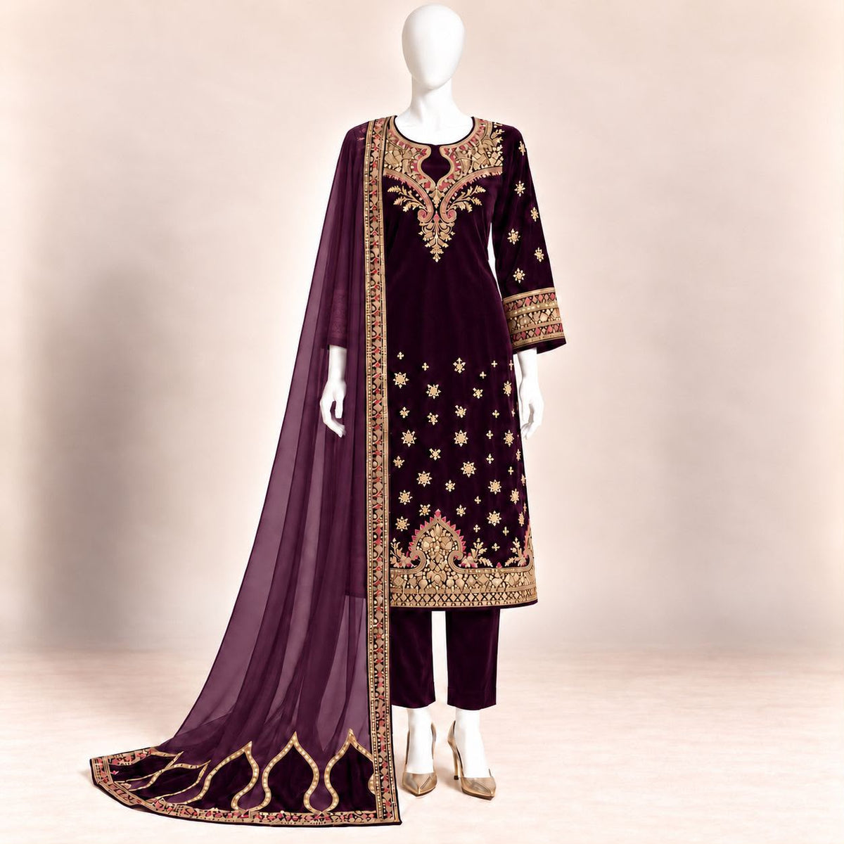 Burgundy Royale – Luxury Embroidered Velvet 3-Piece Formal Suit – 0189M (Unstitched)