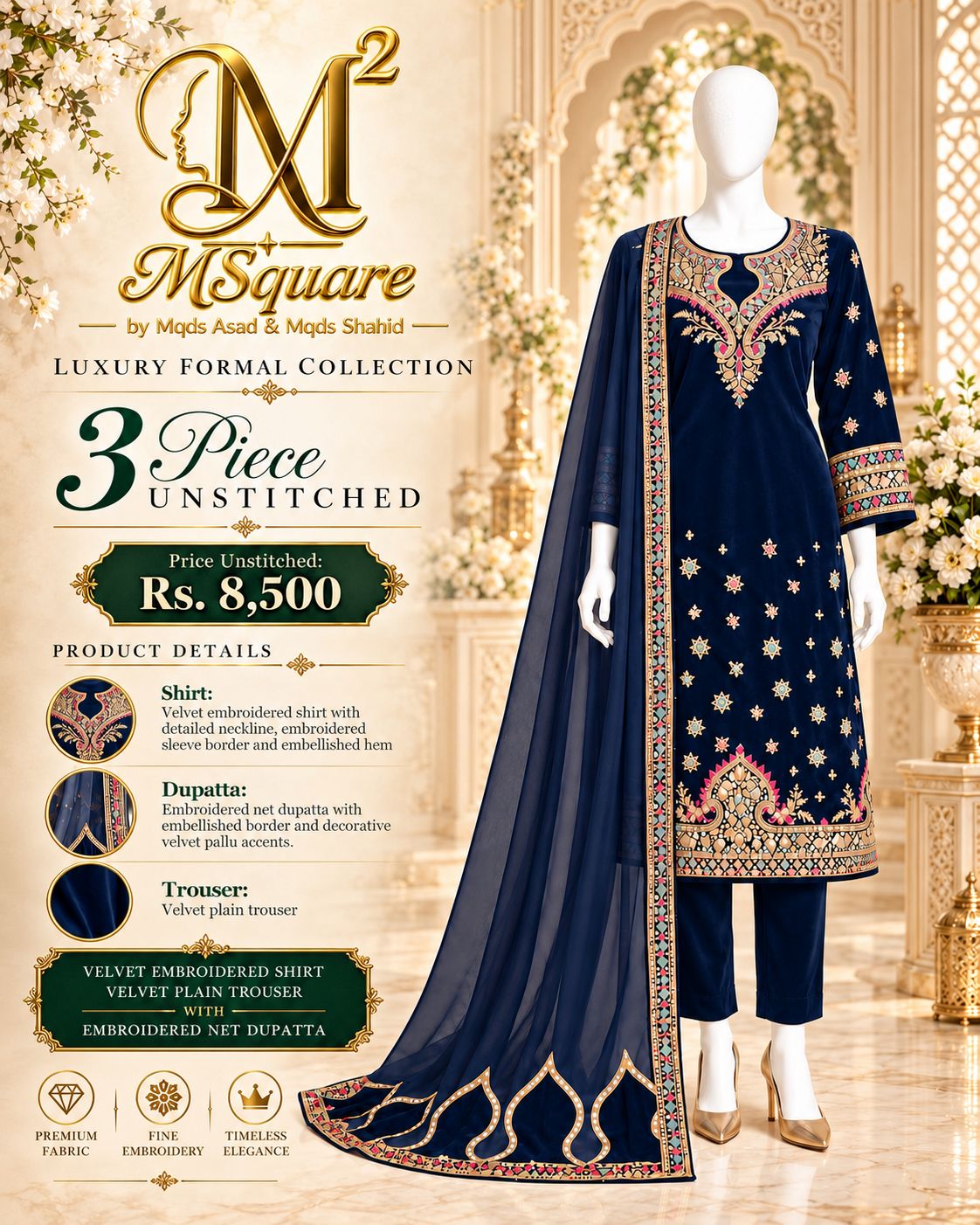 Midnight Sapphire – Luxury Embroidered Velvet 3-Piece Formal Suit – 0185M (Unstitched)