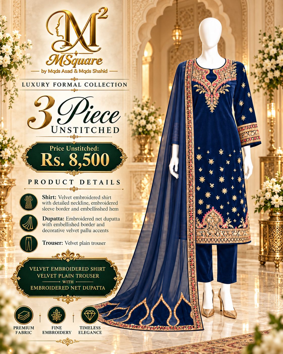 Royal Midnight – Luxury Embroidered Velvet 3-Piece Formal Suit – 0186M (Unstitched)