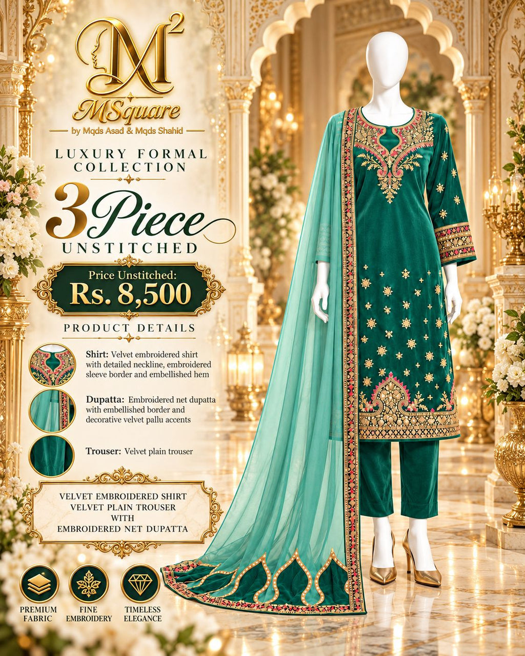 Emerald Royale – Luxury Embroidered Velvet 3-Piece Formal Suit – 0187M (Unstitched)