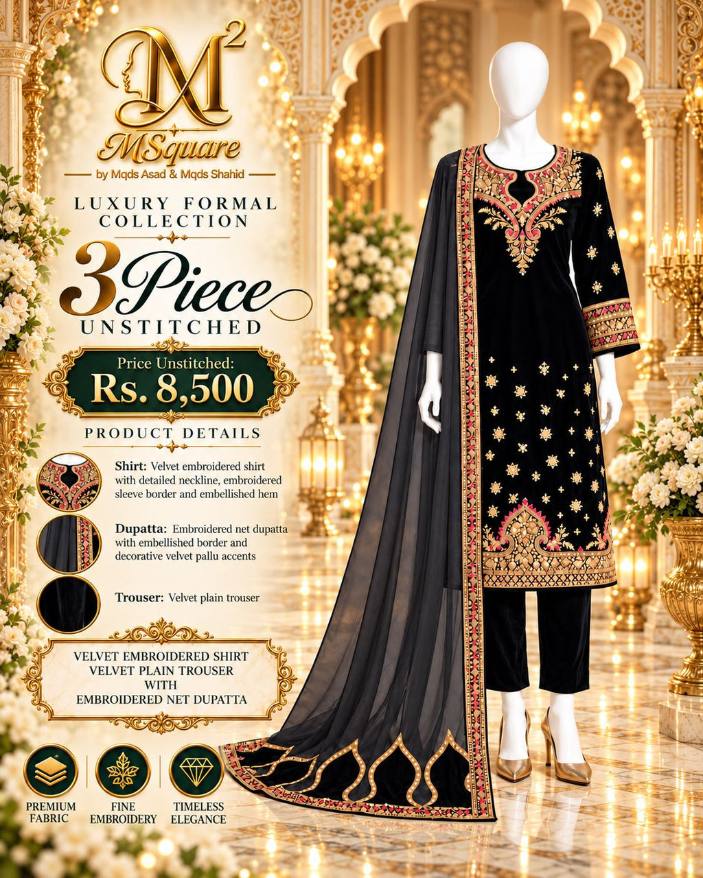Noir Royale – Luxury Embroidered Black Velvet 3-Piece Formal Suit – 0188M (Unstitched)