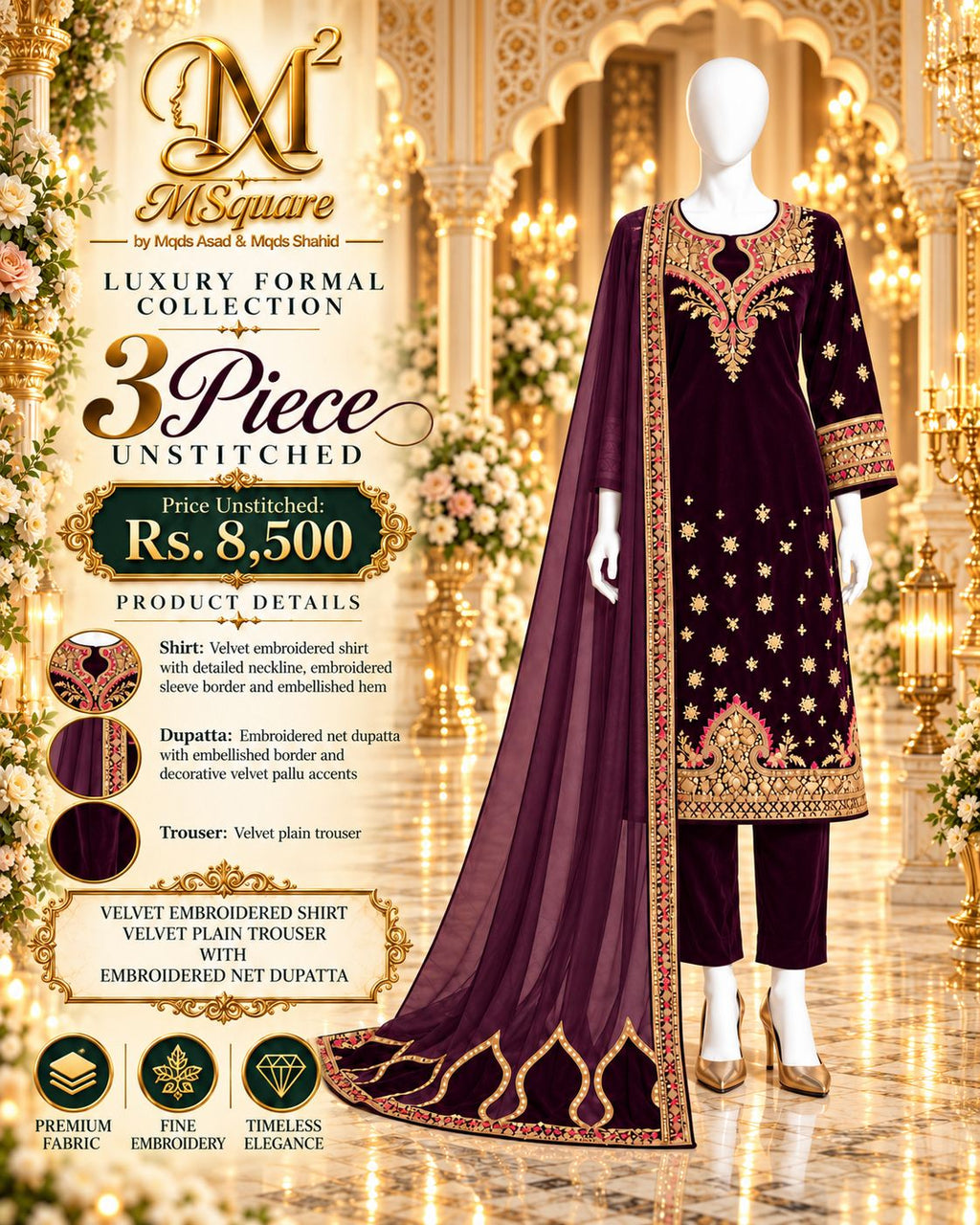 Burgundy Royale – Luxury Embroidered Velvet 3-Piece Formal Suit – 0189M (Unstitched)