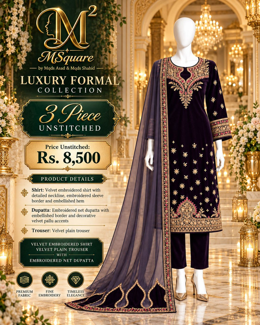 Royal Amethyst – Luxury Embroidered Deep Purple Velvet 3-Piece Formal Suit – 0190M (Unstitched)
