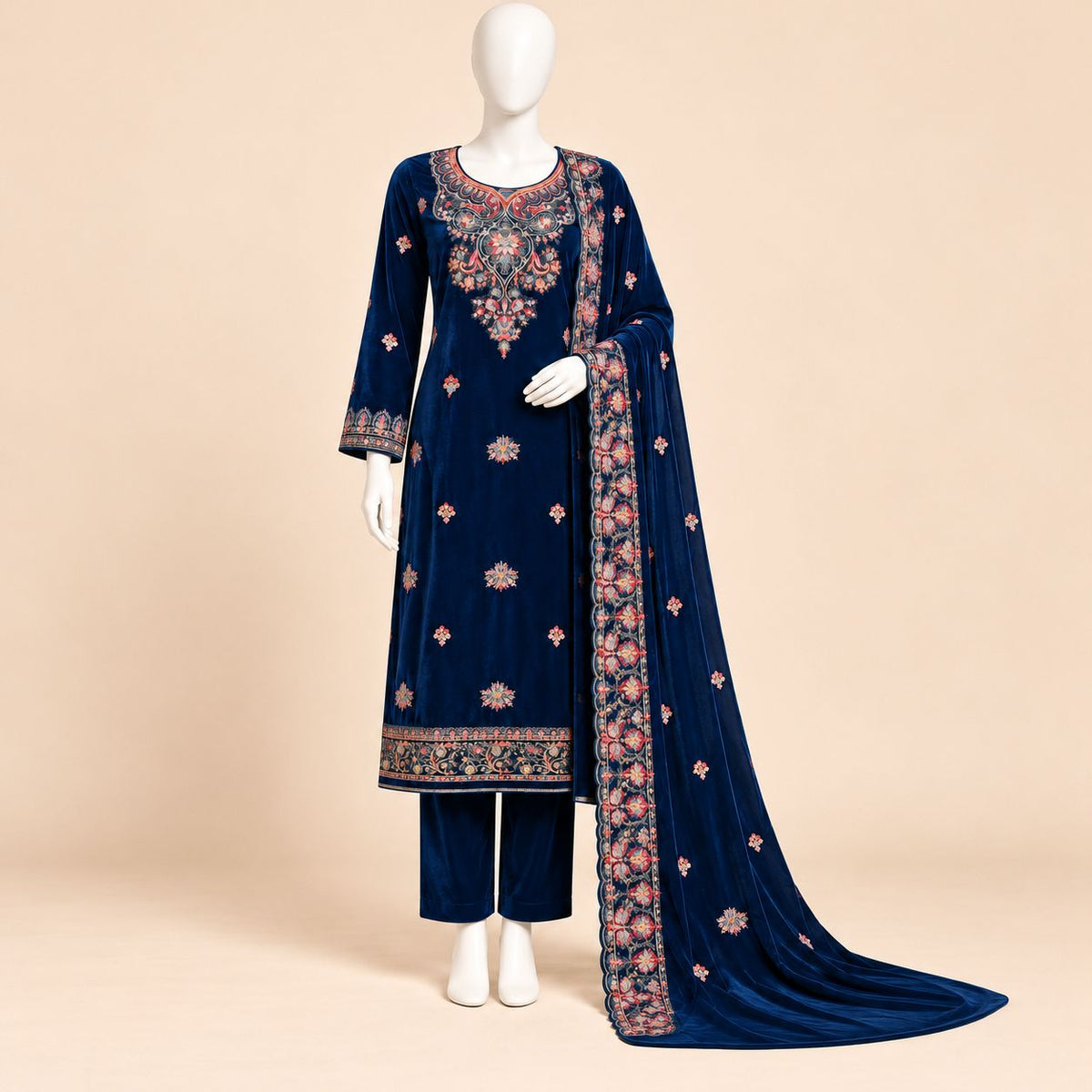 Sapphire Blossom – Luxury Embroidered Navy Blue Velvet 3-Piece Formal Suit – 0191M (Unstitched)